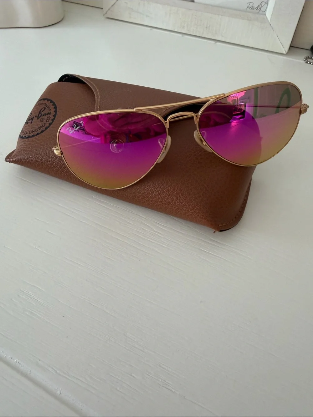 Ray-Ban Gold Frame Sunglasses with Purple-Pink Mirrored Lenses
